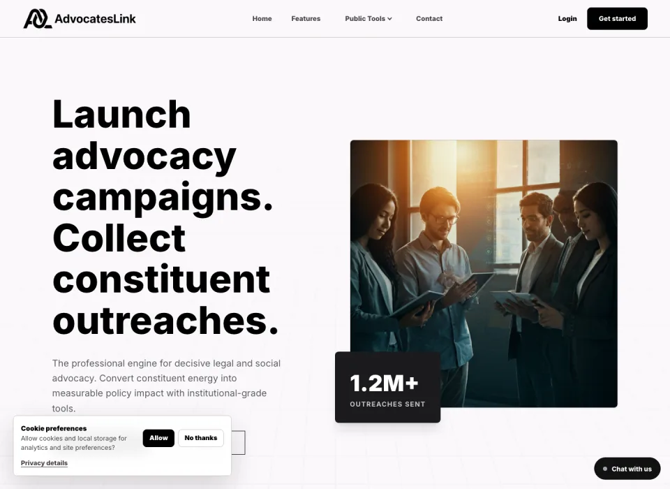 AdvocatesLink homepage showing advocacy campaign software messaging and platform interface