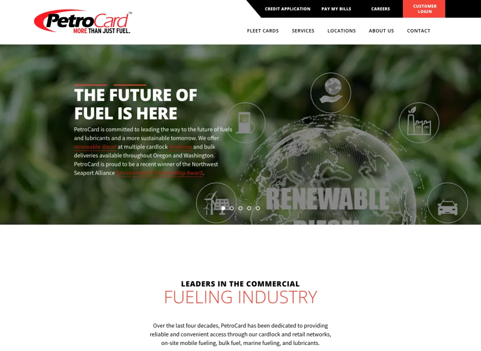 PetroCard marketing website showing commercial fueling services and fleet card navigation