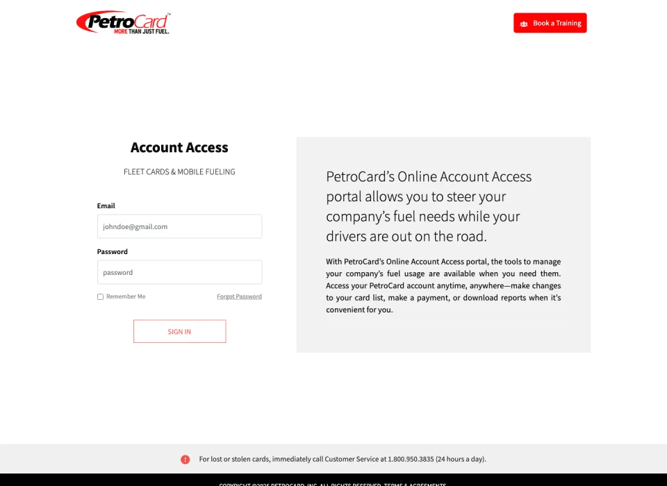 PetroCard customer portal login screen for fuel card account management